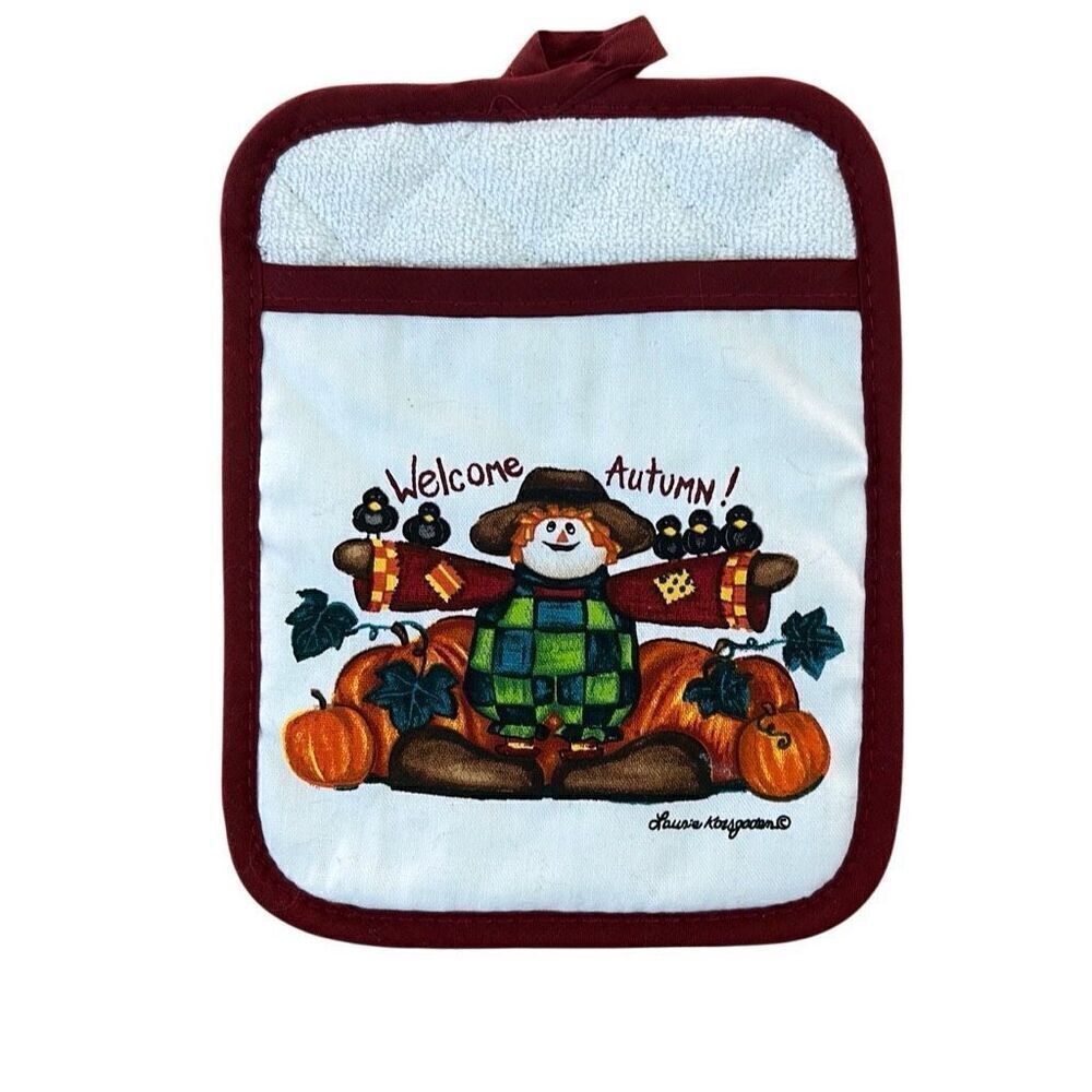 Laurie Korsgaden Fall Autumnal Scarecrow and Pumpkins Oven Mitt Vintage 90s NWOT
